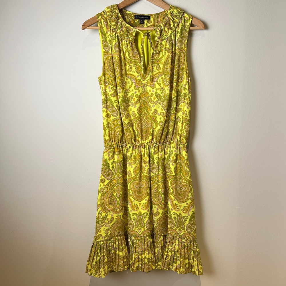 Banana Republic Chartreuse Paisley Sleeveless Dress with Pleated Ruffle Detail